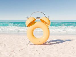 alarma reloj conformado inflable flotador en arenoso playa foto