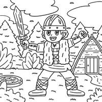 vikingo niño con de madera espada colorante página vector