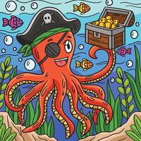 Pirate Octopus Holding Chest Colored Cartoon vector