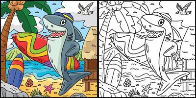 Shark with Surfboard Coloring Page Illustration vector