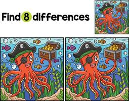 Pirate Octopus Holding Chest Find The Differences vector