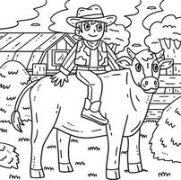 vaquero montando un vacas colorante página para niños vector