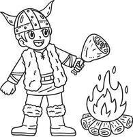 vikingo asado carne en hoguera aislado colorante vector