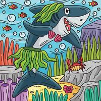 tiburón y algas marinas de colores dibujos animados ilustración vector