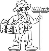 Cowboy with Rake and Hay Isolated Coloring Page vector