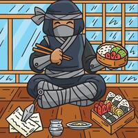 ninja comiendo bento de colores dibujos animados ilustración vector