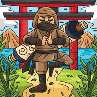 Ninja with a Scroll on Back Colored Cartoon vector