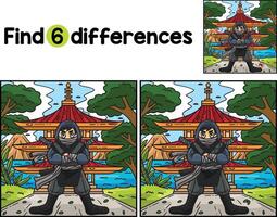 Ninja in front of Pagoda Find The Differences vector