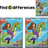 Mermaid Riding Sea Horse Find The Differences vector