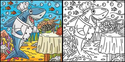 Chef Shark Coloring Page Colored Illustration vector