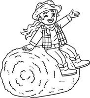 Cowgirl Sitting on Hay Bale Isolated Coloring Page vector