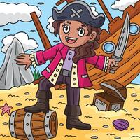 hembra pirata con chafarote de colores dibujos animados vector