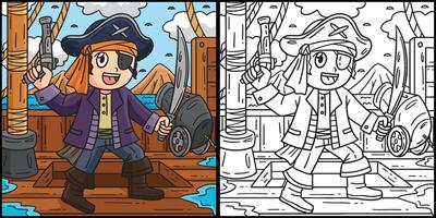 pirata con pistola y chafarote colorante ilustración vector