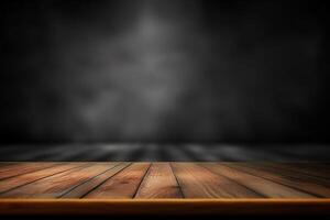 AI generated Minimalist Wooden Table with Dark Bokeh Background. created with Generative AI photo