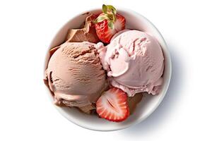 AI generated Chocolate, Vanilla, and Strawberry Ice Cream on a White Background. created with Generative AI photo