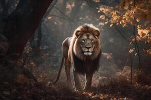 ai generado majestuoso león en pie todavía en el bosque. creado con generativo ai foto