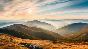 ai generado un asombroso ver de el majestuoso montaña paisaje a puesta de sol. creado con generativo ai foto