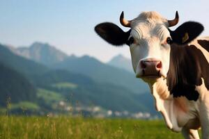 ai generado vaca pasto en un escénico montaña prado. creado con generativo ai foto