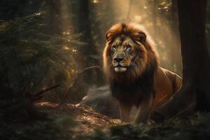 ai generado majestuoso león en pie todavía en el bosque. creado con generativo ai foto