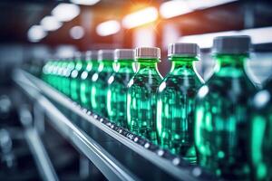 AI generated Efficient Bottling Process Line of Beverages Bottled in Plastic, Illuminated Factory Setting. created with Generative AI photo