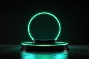 AI generated Grunge Street Pedestal with Green Neon Lights and Blank Display. created with Generative AI photo