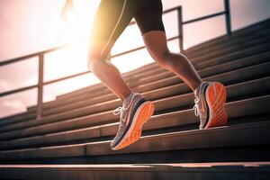 AI generated Runner Athlete's Feet Conquering Stairs with Sunlight, Training to Become a Winner with a Self-Challenge Theme. created with Generative AI photo