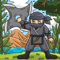 ninja con enorme shuriken de colores dibujos animados vector