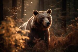 AI generated Bear Standing Still in the Serene Forest. created with Generative AI photo