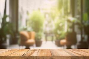 AI generated Empty wooden table in coffee shop with blurred background. created with Generative AI photo