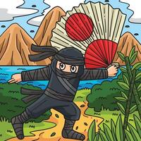 Ninja with Large Fan Colored Cartoon Illustration vector