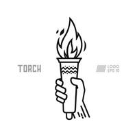 Hand logo design carrying Burning Torch Flame. Torch in hand vector line art