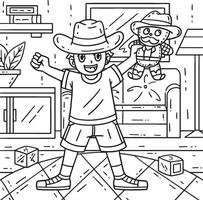 Boy with Cowboy Toy Coloring Page for Kids vector