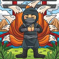 Ninja with Nine Tails Colored Cartoon Illustration vector