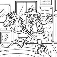 Cowgirl and Toy Horse Coloring Page for Kids vector