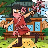 Ninja Kunoichi with Sakura Branch Colored Cartoon vector