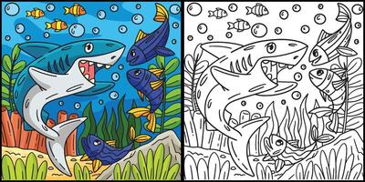 tiburón y pescado amigo colorante página ilustración vector