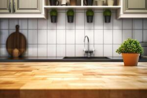 ai generado minimalista cocina espacio de trabajo con vacío de madera mesa parte superior y natural ligero antecedentes. creado con generativo ai foto