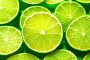 AI generated Refreshing Lime Slice on Bright Green Background for Summer Themed Designs. created with Generative AI photo