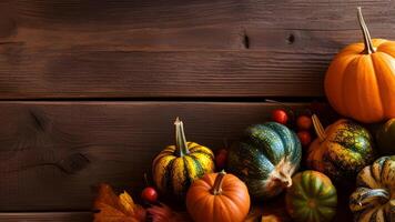 AI generated Fall Harvest Pumpkins, Gourds, and Decor on Rustic Wood Background. created with Generative AI photo