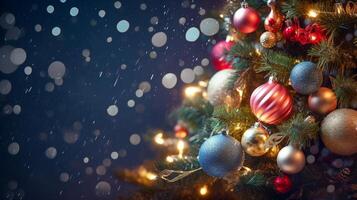 AI generated Blurred Shiny Lights and Baubles Adorning Christmas Tree with Bokeh Effect. created with Generative AI photo