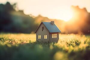 AI generated Life and Home Concept Miniature Model House on Green Grass with Sunlight Abstract Background. created with Generative AI photo