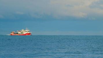 Fishing Ship In Open Sea Water. Beautiful Fishing Boat With The Blue Sea On Background. Static View. video