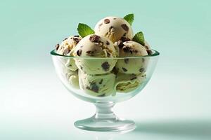 ai generado irresistible menta chocolate chip hielo crema cucharadas en un vaso envase. creado con generativo ai foto