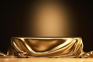 AI generated Luxurious Golden Fabric on Blank Podium with Gold Backdrop. created with Generative AI photo