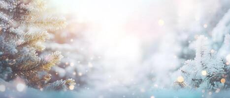 AI generated Festive Christmas Tree in Snowy Bokeh Background. created with Generative AI photo