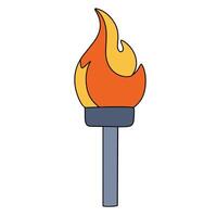 Colored outline torch with flame in doodle style. Hand drawn vector art.