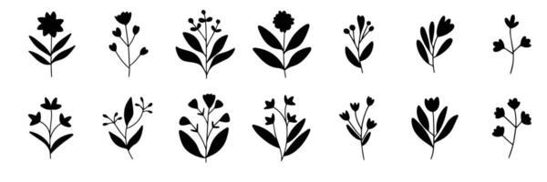 Collection of flowers silhouette. Set flowers silhouette isolated on white background. Hand drawn vector art.