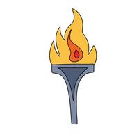 Colored outline torch with flame in doodle style. Hand drawn vector art.