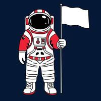 Outline Astronaut with flag in doodle style isolated on dark background. Hand drawn vector art