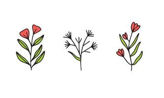 Set of hand drawn floral element in colored outline style. Doodle flowers isolated on white background. Hand drawn vector art.